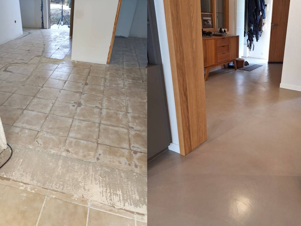 avant et après travaux sol béton ciré séjour