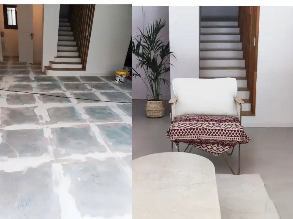 Décoration sol en béton ciré par Claire Khouri avant et après