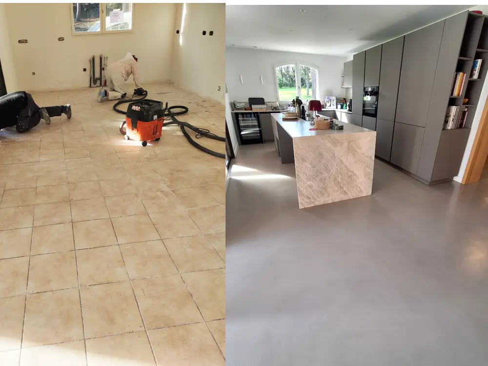 Décoration sol en béton ciré par Claire Khouri avant et après