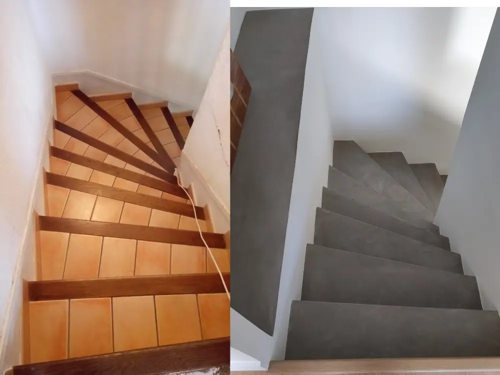 Décoration avant et après escaliers en béton ciré par Clarie Khouri